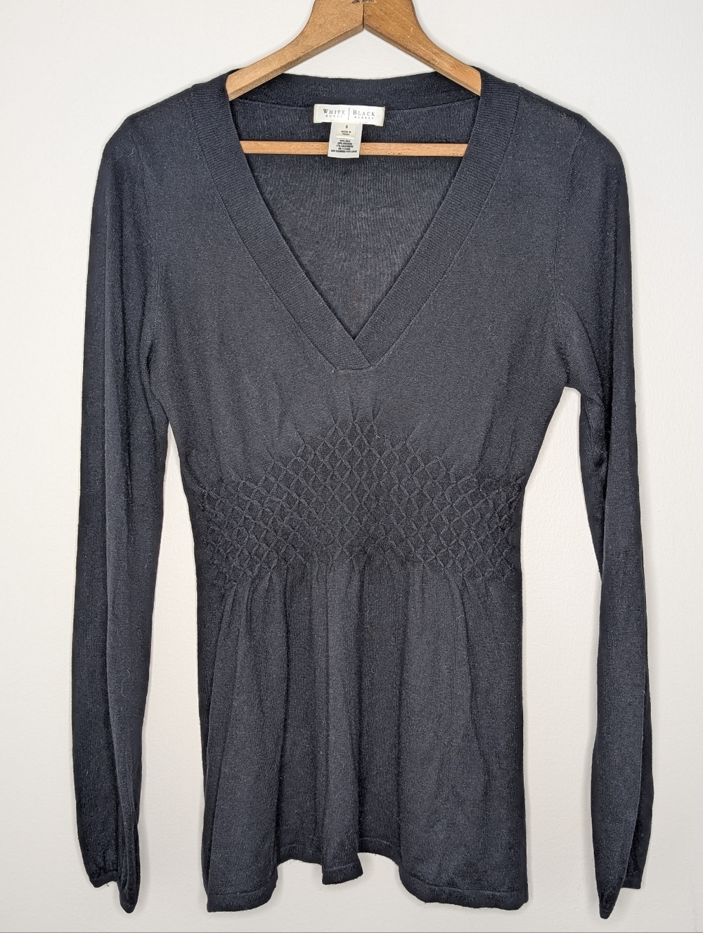 White House Black Market Silk Cashmere Blend V-Neck Sweater Smocked Black Small